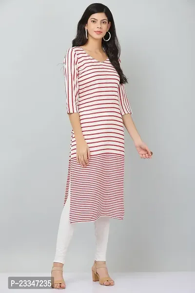 HER CLOTHING Rayon Striped Kurti | V-Neck | 3/4 Sleeve | White and Red Stripes-thumb3