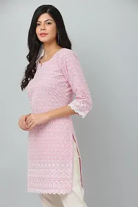 HER CLOTHING Cotton Chikankari Short Kurti | Embroidery Work | 3/4 Sleeve | Round V-Cut Neck (Pink)-thumb1