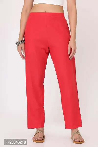 Her Clothing Solid Cotton Pant for Women/Girls | Pants with Pocket | Comfortable (Red)-thumb3