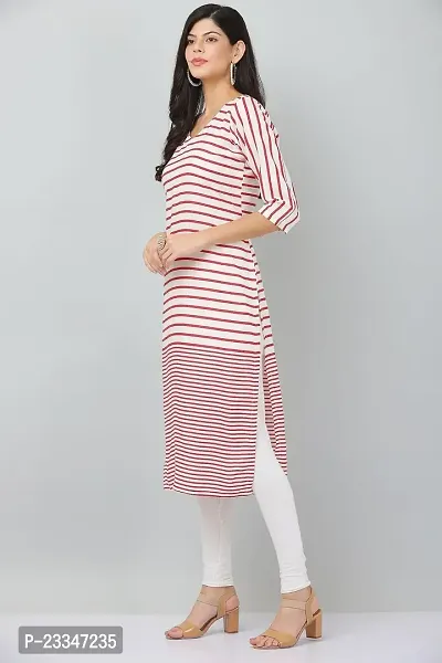 HER CLOTHING Rayon Striped Kurti | V-Neck | 3/4 Sleeve | White and Red Stripes-thumb2
