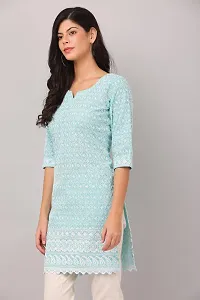 HER CLOTHING Cotton Chikankari Short Kurti | Embroidery Work | 3/4 Sleeve | Round V-Cut Neck (Light Blue)-thumb1