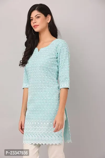 HER CLOTHING Cotton Chikankari Short Kurti | Embroidery Work | 3/4 Sleeve | Round V-Cut Neck (Light Blue)-thumb2