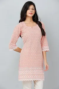 HER CLOTHING Cotton Chikankari Short Kurti | Embroidery Work | 3/4 Sleeve | Round V-Cut Neck (Orange)-thumb3