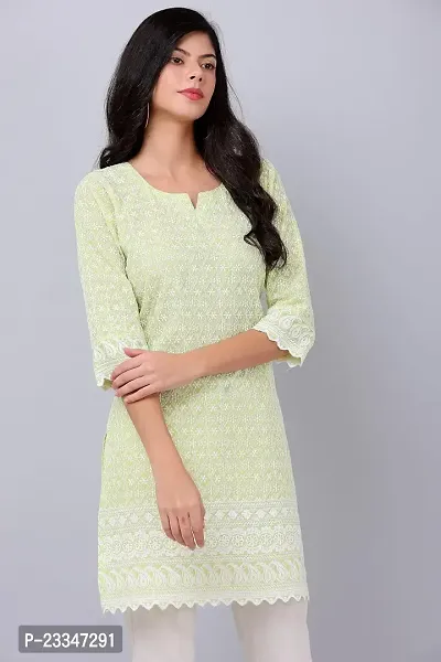 HER CLOTHING Cotton Chikankari Short Kurti | Embroidery Work | 3/4 Sleeve | Round V-Cut Neck (Light Green)-thumb4