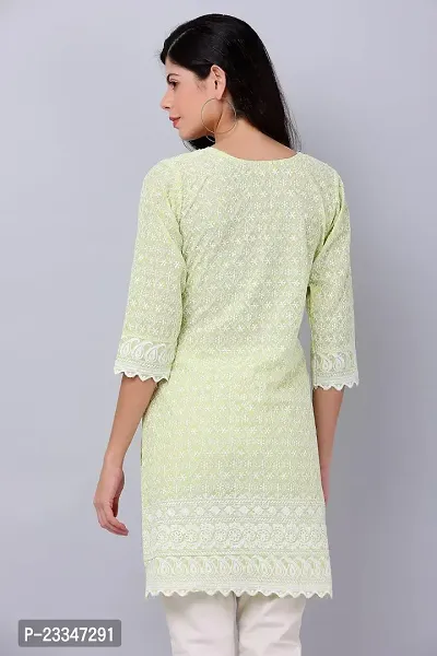 HER CLOTHING Cotton Chikankari Short Kurti | Embroidery Work | 3/4 Sleeve | Round V-Cut Neck (Light Green)-thumb5