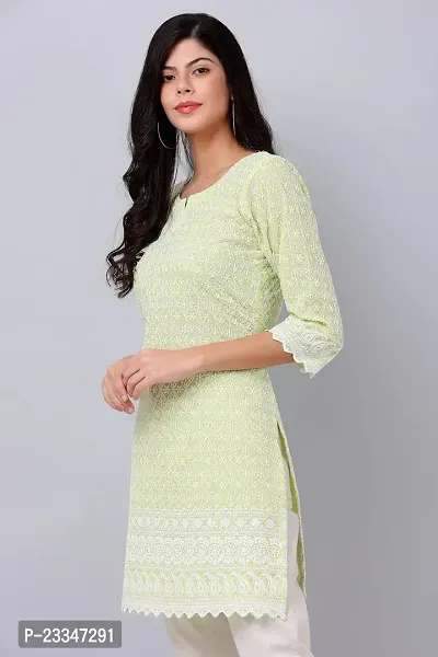 HER CLOTHING Cotton Chikankari Short Kurti | Embroidery Work | 3/4 Sleeve | Round V-Cut Neck (Light Green)-thumb3