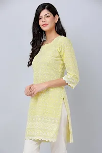 HER CLOTHING Cotton Chikankari Short Kurti | Embroidery Work | 3/4 Sleeve | Round V-Cut Neck (Yellow)-thumb3