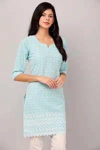 HER CLOTHING Cotton Chikankari Short Kurti | Embroidery Work | 3/4 Sleeve | Round V-Cut Neck (Light Blue)-thumb2