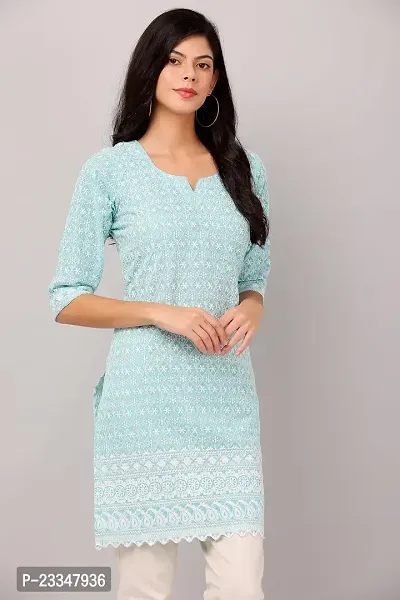 HER CLOTHING Cotton Chikankari Short Kurti | Embroidery Work | 3/4 Sleeve | Round V-Cut Neck (Light Blue)-thumb3