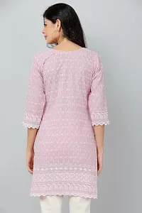 HER CLOTHING Cotton Chikankari Short Kurti | Embroidery Work | 3/4 Sleeve | Round V-Cut Neck (Pink)-thumb3