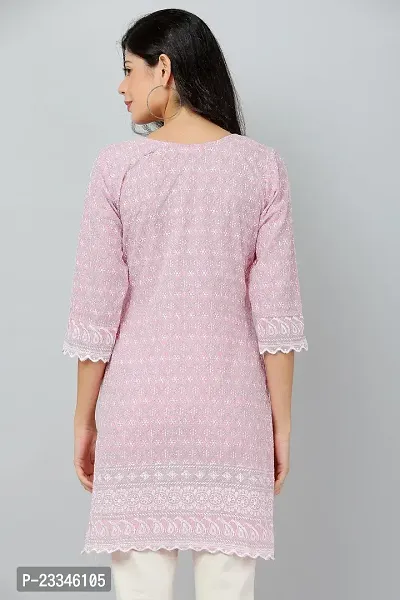HER CLOTHING Cotton Chikankari Short Kurti | Embroidery Work | 3/4 Sleeve | Round V-Cut Neck (Pink)-thumb4
