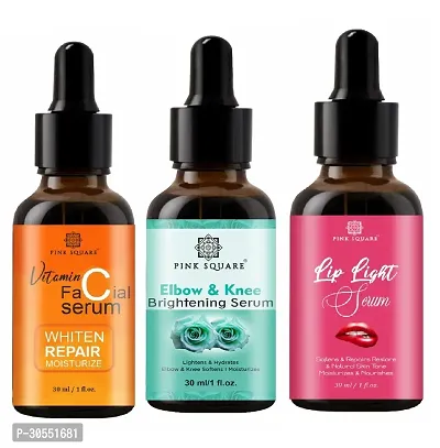 Pink Square Vitamin C Face Serum (Whiten Repair Moisturize), Elbow and Knee Whitening Serum ( Lightens Skin)  Lip Light Serum (Softens Lips) - (Each,30ml) Combo of 3 Items