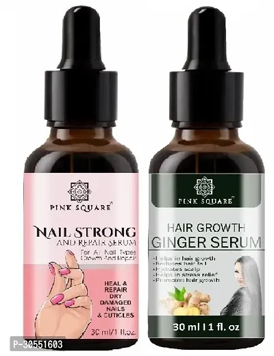 Pink Square Nail Strong Serum (Nail Repair)  Hair Growth Ginger Serum (Reduce Hair-Fall) - (Each,30ml) Combo of 2 Items