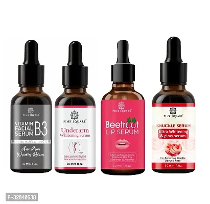 Pink Square Vitamin B3 Facial Serum, Underarm Whitening Serum, Beetroot Lip Serum  Dark Knuckle Serum (Each,30ml) - Set of 4 Items-thumb0