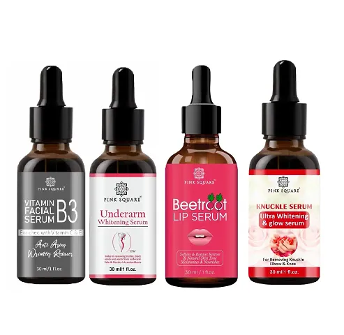 Pink Square Vitamin B3 Facial Serum, Underarm Whitening Serum, Beetroot Lip Serum  Dark Knuckle Serum (Each,30ml) - Set of 4 Items