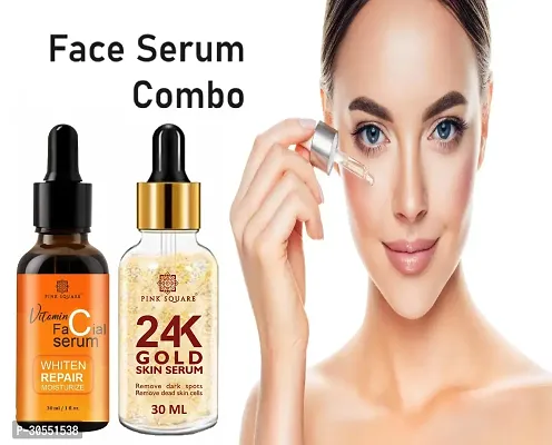 Pink Square Vitamin C Face Serum (Whiten Repair Moisturize)  24K Gold Facial Serum (Remove Dark Spots) - (Each, 30ml) Combo of 2 Items