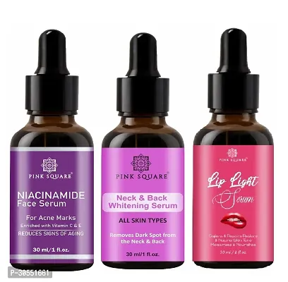 Pink Square Niacinamide Face Serum (Acne Marks), Neck and Back Whitening Serum (Remove Skin Dark Spot)  Lip Light Serum (Softens Lips) - (Each,30ml) Combo of 3 Items