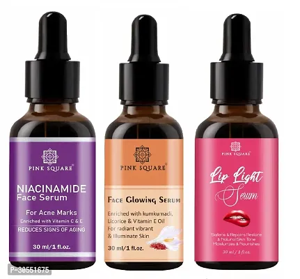 Pink Square Niacinamide Face Serum (Acne Marks), Face Glowing Serum (Illuminate Skin)  Lip Light Serum (Softens Lips) - (Each, 30ml) Combo of 3 Items