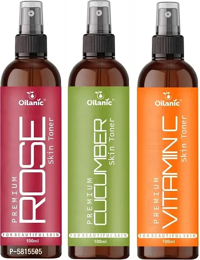 Premium Rose, Cucumber  Vitamin C Face Toner For Men  Women Combo Pack Of 3 Bottles Of 100 Ml (300 Ml)-thumb0