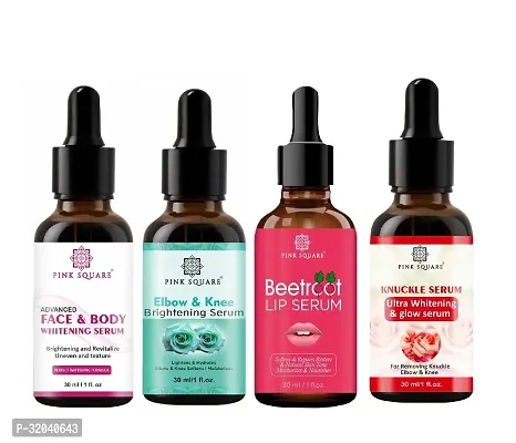 Pink Square Face and Body Whitening Serum, Elbow and Knee Brightening Serum, Beetroot Lip Serum  Dark Knuckle Serum (Each,30ml) - Set of 4 Items