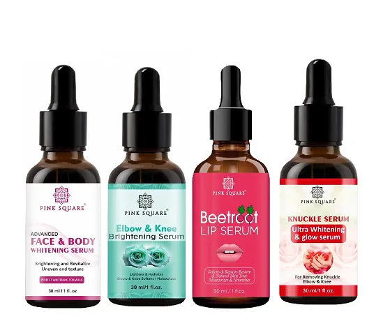 Pink Square Face and Body Whitening Serum, Elbow and Knee Brightening Serum, Beetroot Lip Serum  Dark Knuckle Serum (Each,30ml) - Set of 4 Items