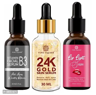 Pink Square Vitamin B3 Face Serum (Anti-Angeing), 24K Gold Facial Serum (Remove Dark Spots)  Lip Light Serum (Softens Lips) - (Each, 30ml) Combo of 3 Items