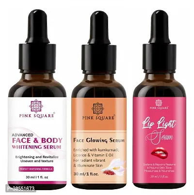 Pink Square Face and Body Whitening Serum (Brightening Skin), Face Glowing Serum (Illuminate Skin)  Lip Light Serum (Softens Lips) - (Each, 30ml) Combo of 3 Items