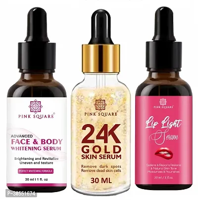 Pink Square Face and Body Whitening Serum (Brightening Skin), 24K Gold Facial Serum (Remove Dark Spots)  Lip Light Serum (Softens Lips) - (Each, 30ml) Combo of 3 Items-thumb0