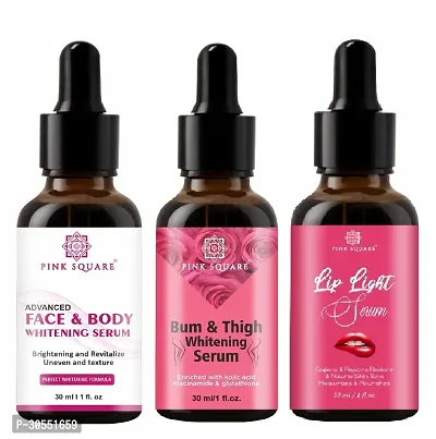 Pink Square Face and Body Whitening Serum (Brightening Skin), Bum and Thigh Whitening Serum  Lip Light Serum (Softens Lips) - (Each,30ml) Combo of 3 Items-thumb0