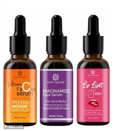 Pink Square Vitamin C Face Serum (Whiten Repair Moisturize), Niacinamide Face Serum (Acne Marks)  Lip Light Serum (Softens Lips) - (Each, 30ml) Combo of 3 Items-thumb0