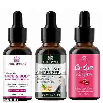 Pink Square Face and Body Whitening Serum (Brightening Skin), Hair Growth Ginger Serum (Reduce Hair fall)  Lip Light Serum (Softens Lips) - (Each,30ml) Combo of 3 Items-thumb0