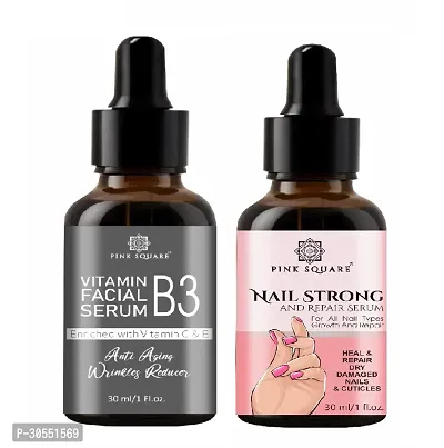 Pink Square Vitamin B3 Face Serum (Anti-Angeing)  Nail Strong Serum (Nail Repair) - (Each,30ml) Combo of 2 Items