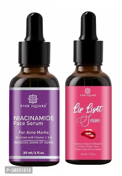 Pink Square Niacinamide Face Serum (Acne Marks)  Lip Light Serum (Lip Nourishment ) - (Each,30ml) Combo of 2 Items