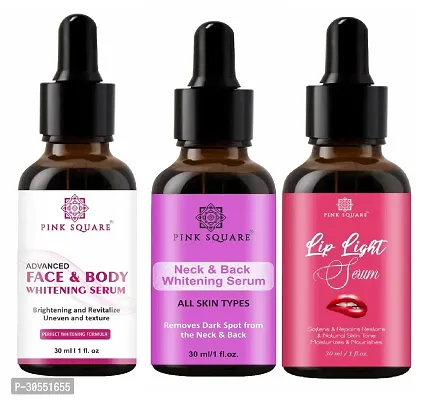 Pink Square Face and Body Whitening Serum (Brightening Skin) Neck and Back Whitening Serum (Remove Skin Dark Spot)  Lip Light Serum (Softens Lips) - (Each,30ml) Combo of 3 Items