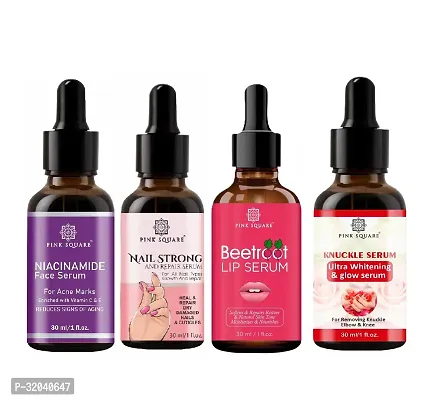 Pink Square Niacinamide Face Serum, Nail Strong and Repair Serum, Beetroot Lip Serum  Dark Knuckle Serum (Each,30ml) - Set of 4 Items