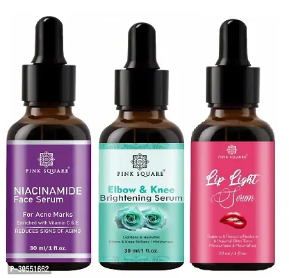 Pink Square Niacinamide Face Serum (Acne Marks), Elbow and Knee Whitening Serum ( Lightens Skin)  Lip Light Serum (Softens Lips) - (Each,30ml) Combo of 3 Items-thumb0