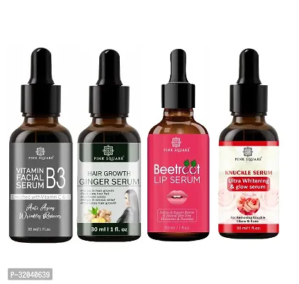 Pink Square Vitamin B3 Facial Serum, Hair Growth Ginger Serum, Beetroot Lip Serum  Dark Knuckle Serum (Each,30ml) - Set of 4 Items-thumb0