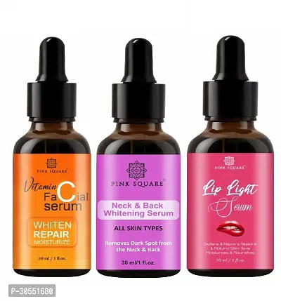 Pink Square Vitamin C Face Serum (Whiten Repair Moisturize), Neck and Back Whitening Serum (Remove Skin Dark Spot)  Lip Light Serum (Softens Lips) - (Each,30ml) Combo of 3 Items