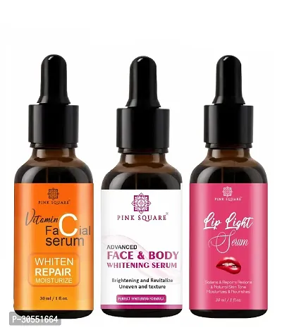 Pink Square Vitamin C Face Serum (Whiten Repair Moisturize), Face and Body Whitening Serum (Brightening Skin)  Lip Light Serum (Softens Lips) - (Each, 30ml) Combo of 3 Items