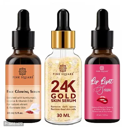 Pink Square Face Glowing Serum for Brightening Face, 24K Gold Facial Serum (Remove Dark Spots)  Lip Light Serum (Softens Lips) - (Each, 30ml) Combo of 3 Items-thumb0