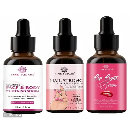 Pink Square Face and Body Whitening Serum (Brightening Skin), Nail Strong and Repair Serum (Nail Repair)  Lip Light Serum (Softens Lips) - (Each,30ml) Combo of 3 Items-thumb0