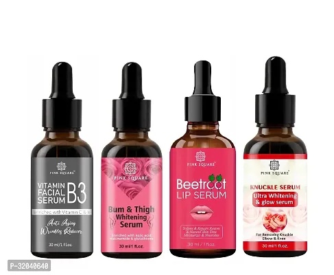 Pink Square Vitamin B3 Facial Serum, Bum and Thigh Whitening Serum, Beetroot Lip Serum  Dark Knuckle Serum (Each,30ml) - Set of 4 Items