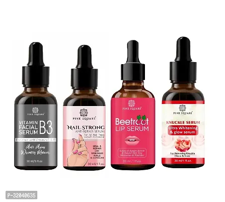 Pink Square Vitamin B3 Facial Serum, Nail Strong and Repair Serum, Beetroot Lip Serum  Dark Knuckle Serum (Each,30ml) - Set of 4 Items