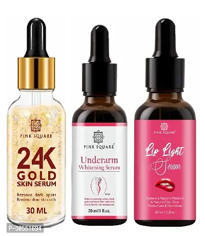 Pink Square 24K Gold Facial Serum (Remove Dead Skin Cells),  Underarm Whitening Serum  Lip Light Serum (Softens Lips) - (Each,30ml) Combo of 3 Items