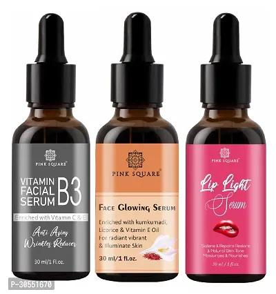 Pink Square Vitamin B3 Face Serum (Anti-Angeing), Face Glowing Serum (Illuminate Skin)  Lip Light Serum (Softens Lips) - (Each, 30ml) Combo of 3 Items-thumb0