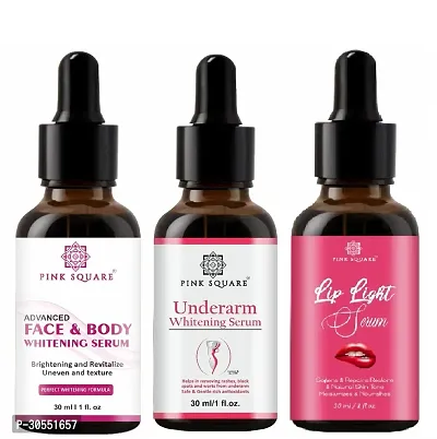 Pink Square Face and Body Whitening Serum (Brightening Skin), Underarm Whitening Serum  Lip Light Serum (Softens Lips) - (Each,30ml) Combo of 3 Items