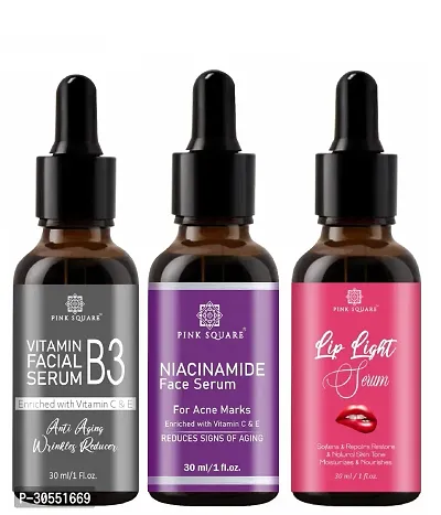 Pink Square Vitamin B3 Face Serum (Anti-Angeing), Niacinamide Face Serum (Acne Marks)  Lip Light Serum (Softens Lips) - (Each, 30ml) Combo of 3 Items