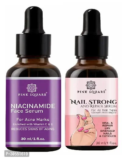 Pink Square Niacinamide Face Serum (Acne Marks)  Nail Strong Serum (Nail Repair) - (Each,30ml) Combo of 2 Items