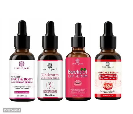 Pink Square Face and Body Whitening Serum, Underarm Whitening Serum, Beetroot Lip Serum  Dark Knuckle Serum (Each,30ml) - Set of 4 Items