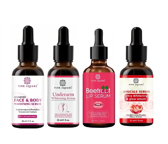 Pink Square Face and Body Whitening Serum, Underarm Whitening Serum, Beetroot Lip Serum  Dark Knuckle Serum (Each,30ml) - Set of 4 Items